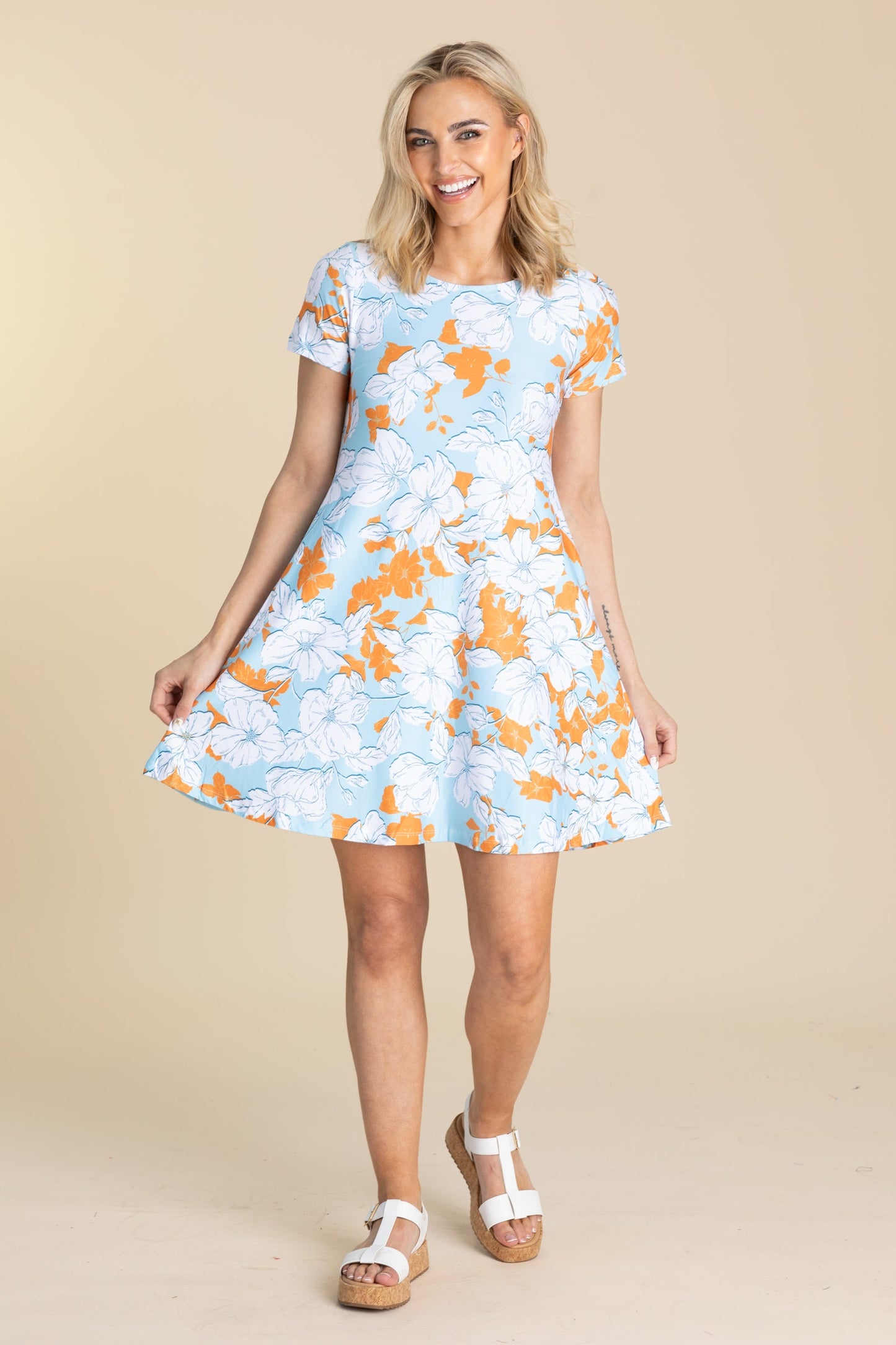Baby Blue And White Floral Pocket Dress