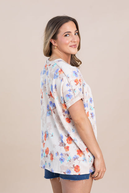 Beige Ribbed Short Sleeve Floral Knit Top