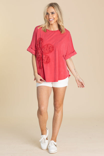 Boho Red Lace Flower Mineral Washed Knit Top