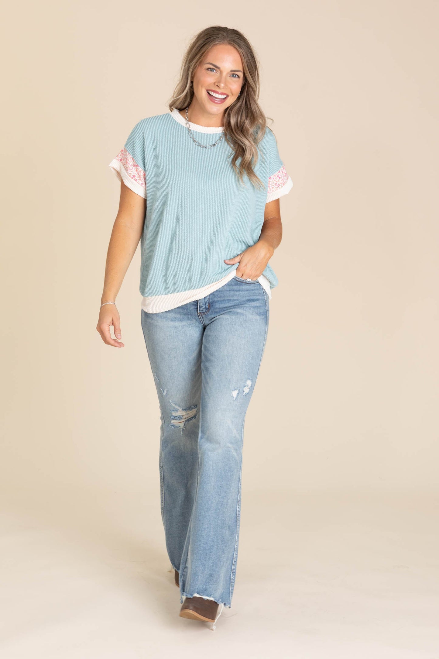 Blue Ribbed Knit Top With Floral Sleeve Detail