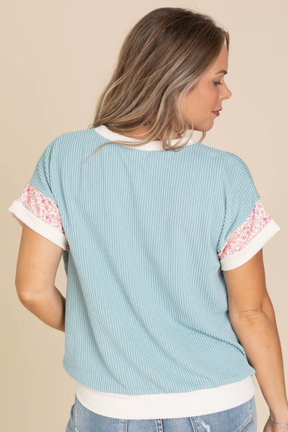 Blue Ribbed Knit Top With Floral Sleeve Detail