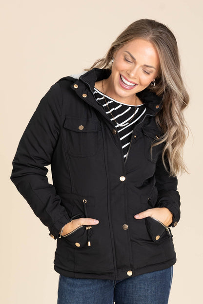 Black Sherpa Lined Hooded Coat