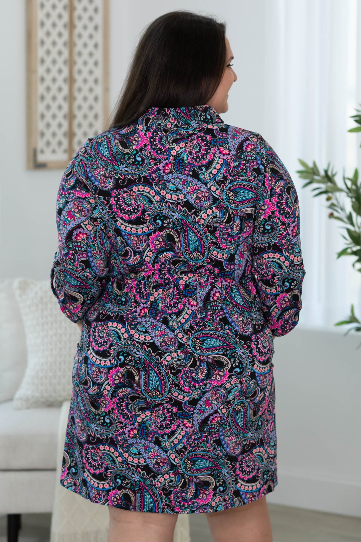 Black Paisley 3/4 Length Sleeve Collared Dress with Button Detail
