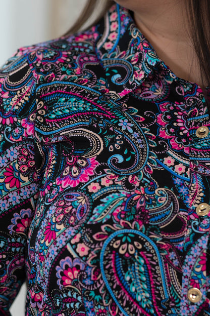 Black Paisley 3/4 Length Sleeve Collared Dress with Button Detail