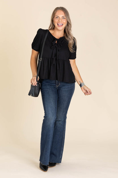 Black Ribbed Baby Doll Knit Top