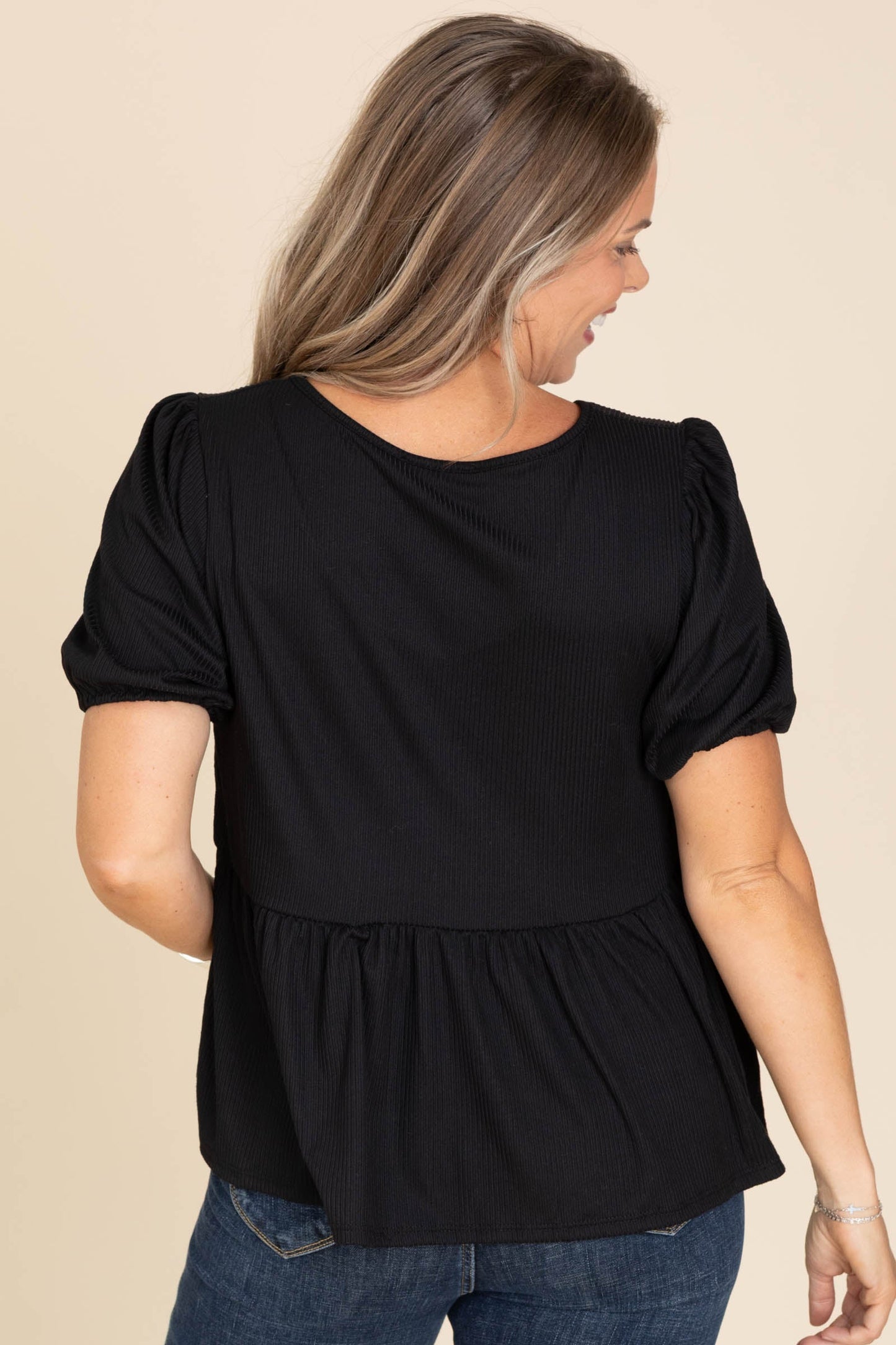 Black Ribbed Baby Doll Knit Top