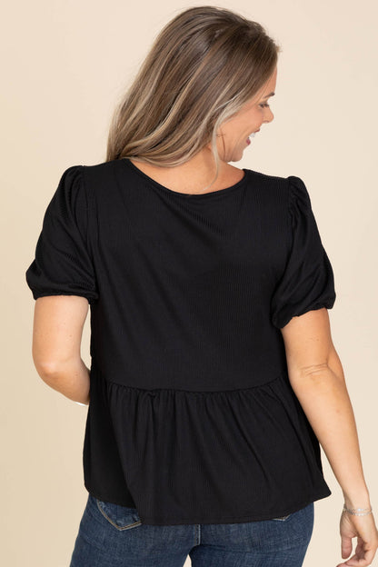 Black Ribbed Baby Doll Knit Top