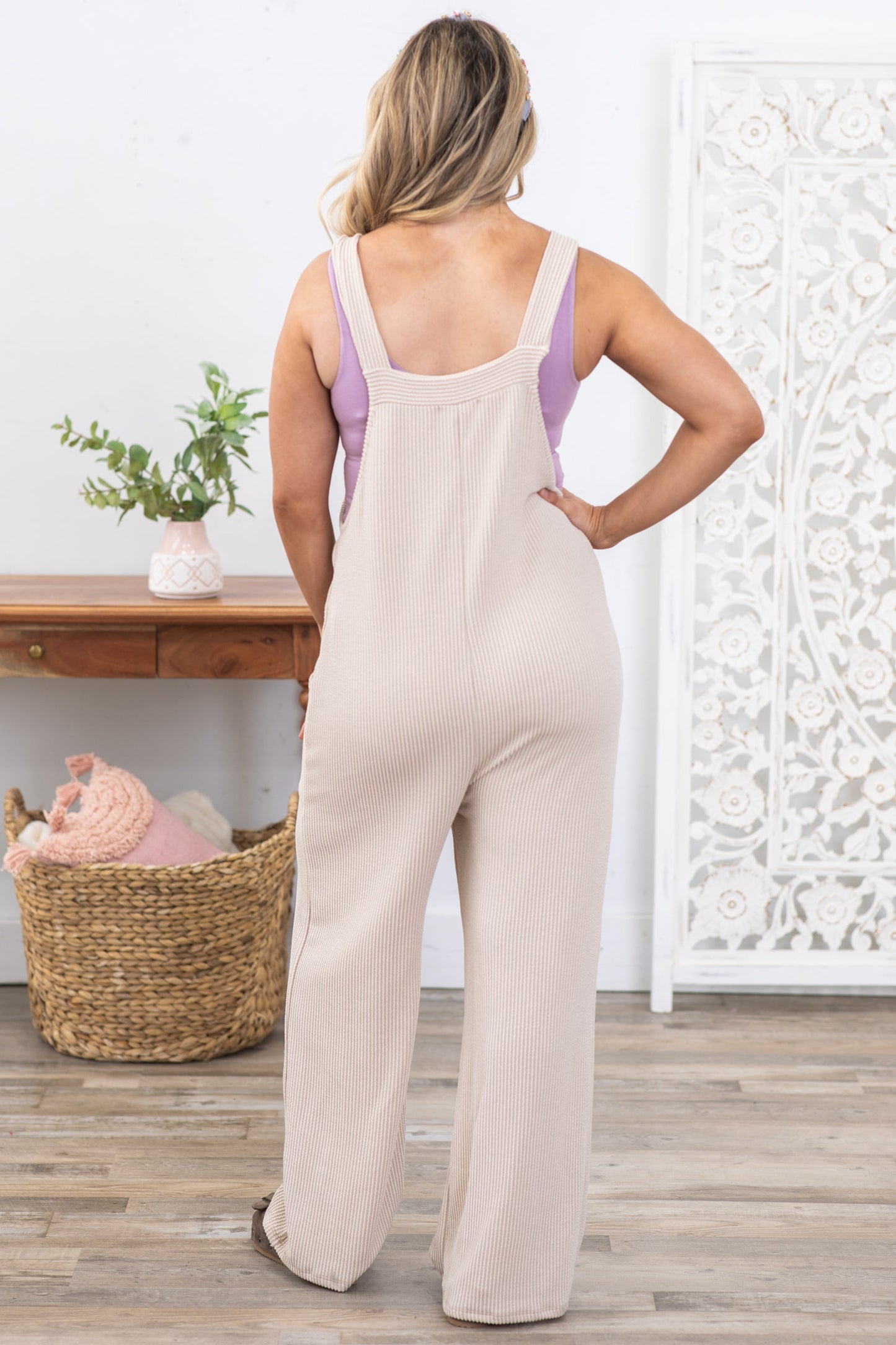 Beige Ribbed Knit Jumpsuit