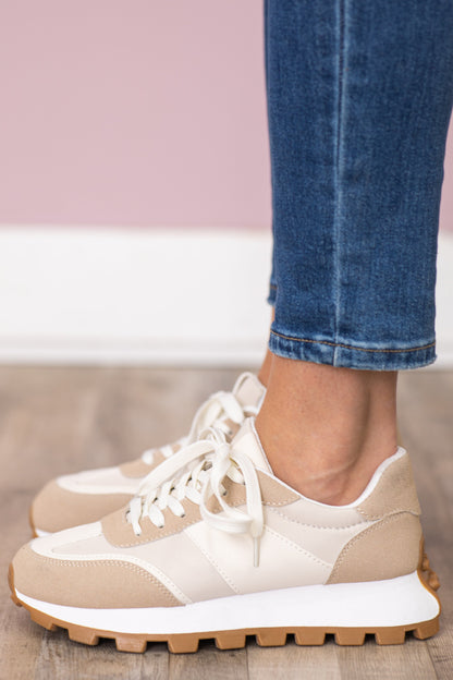 Beige With Tan Platform Sole Sneaker