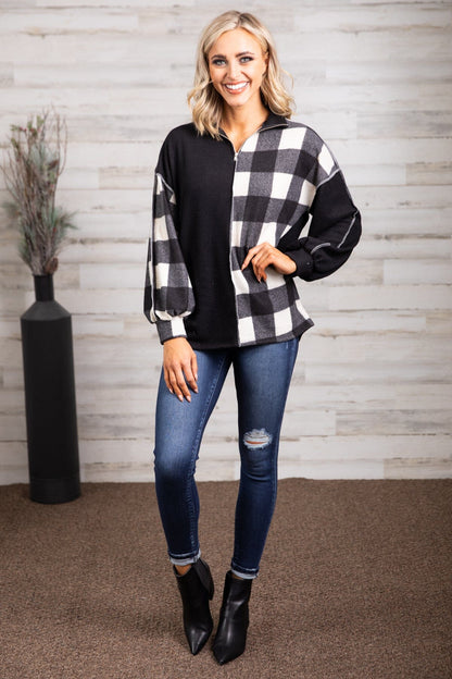 Black and Ivory Buffalo Plaid Mock Neck Top