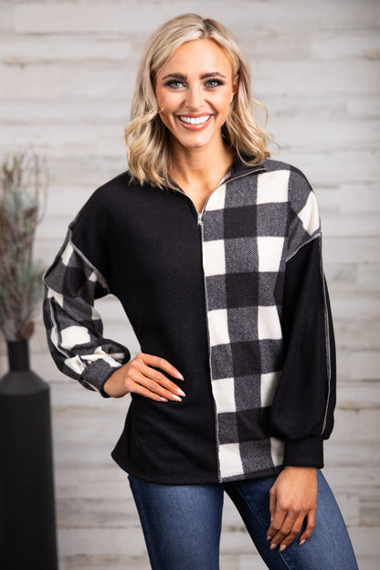 Black and Ivory Buffalo Plaid Mock Neck Top