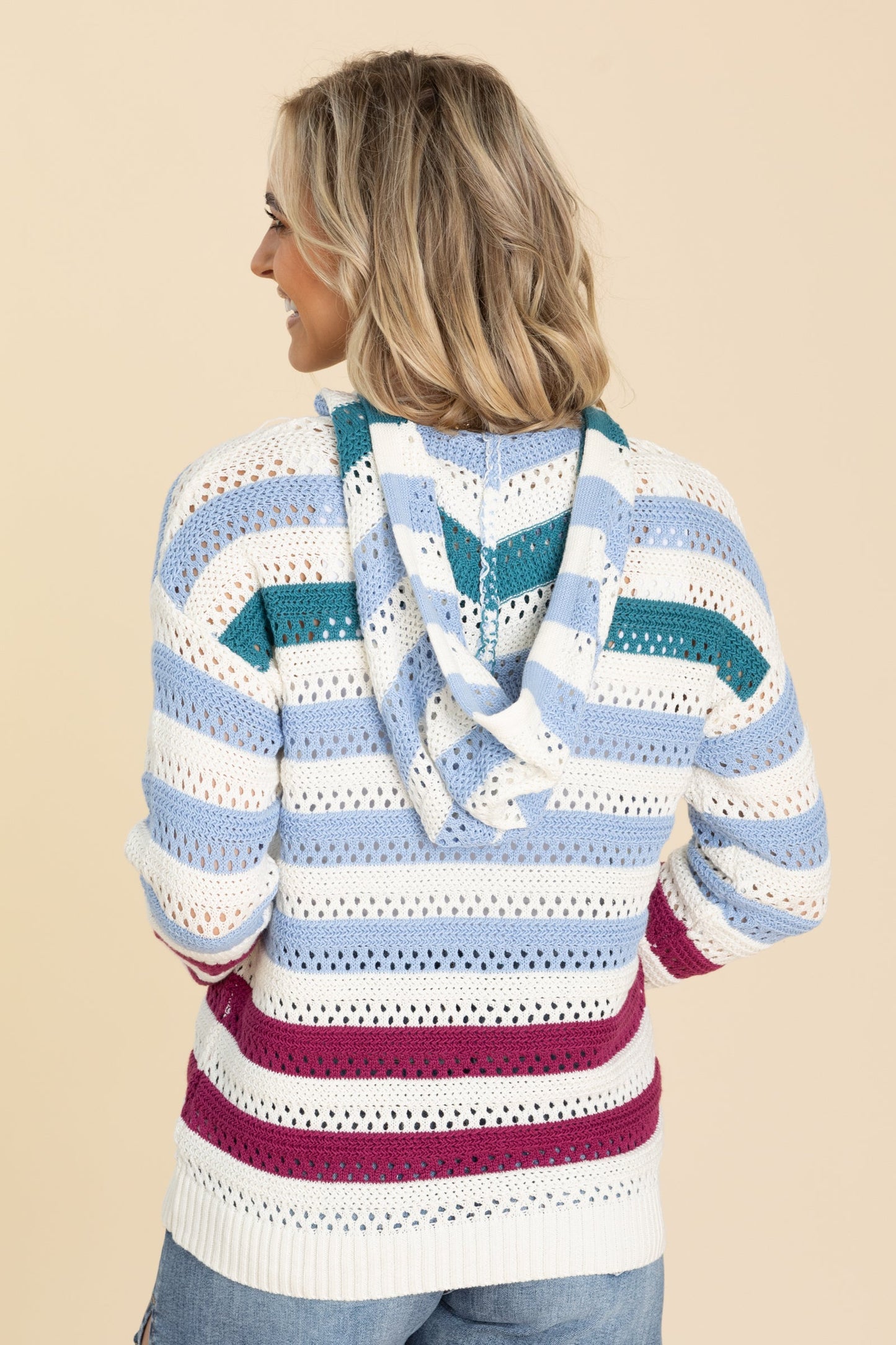 Blue Multicolor Stripe Crochet Hoodie Knit Top