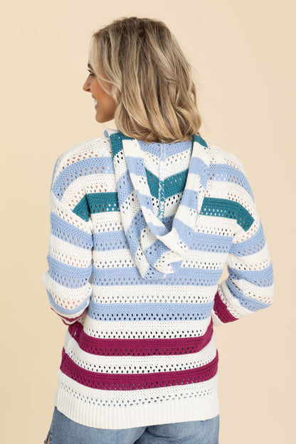 Blue Multicolor Stripe Crochet Hoodie Knit Top