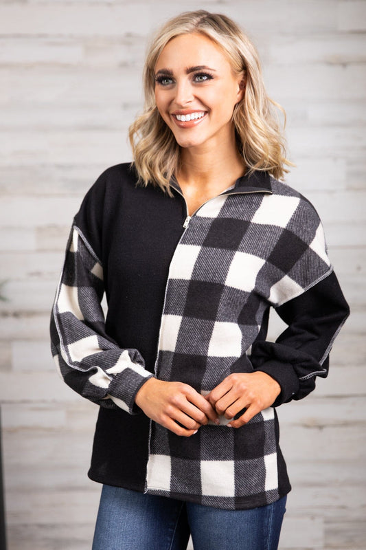 Black and Ivory Buffalo Plaid Mock Neck Top