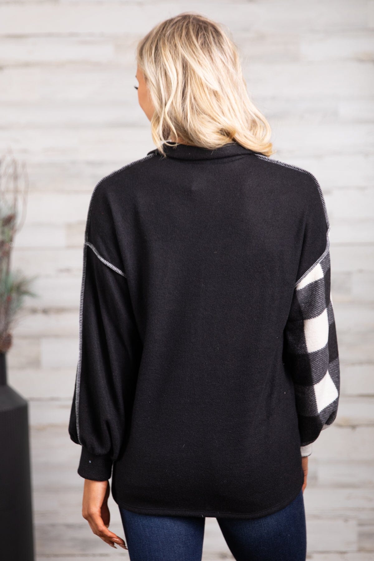 Black and Ivory Buffalo Plaid Mock Neck Top