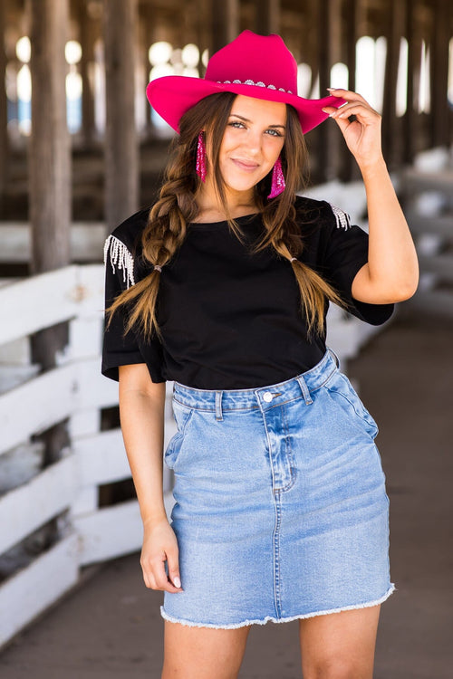 Black Short Sleeve Top With Beaded Fringe