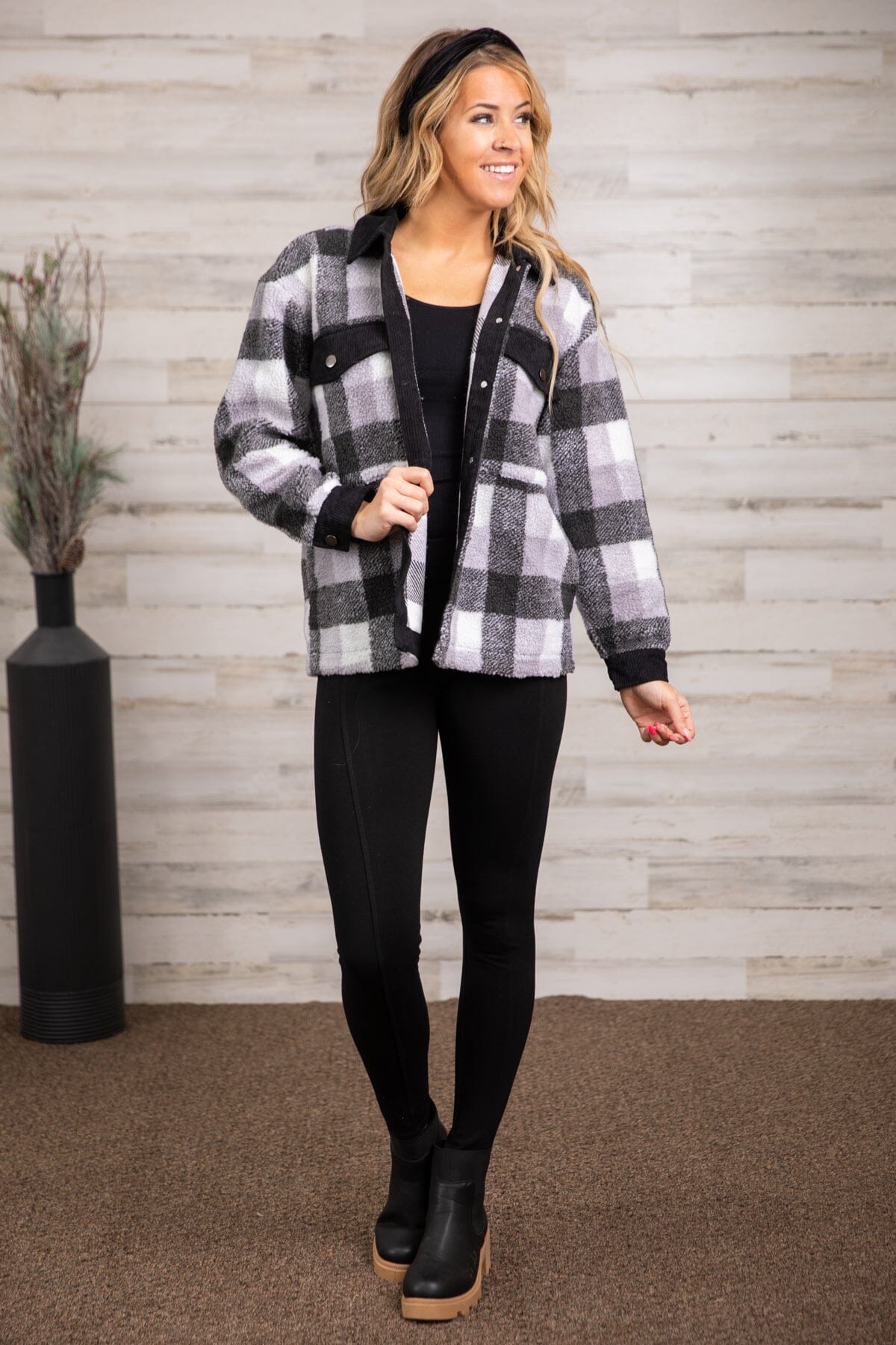 Black and Grey Plaid Sherpa Jacket