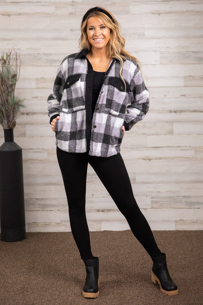 Black and Grey Plaid Sherpa Jacket