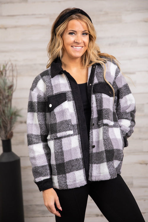 Black and Grey Plaid Sherpa Jacket