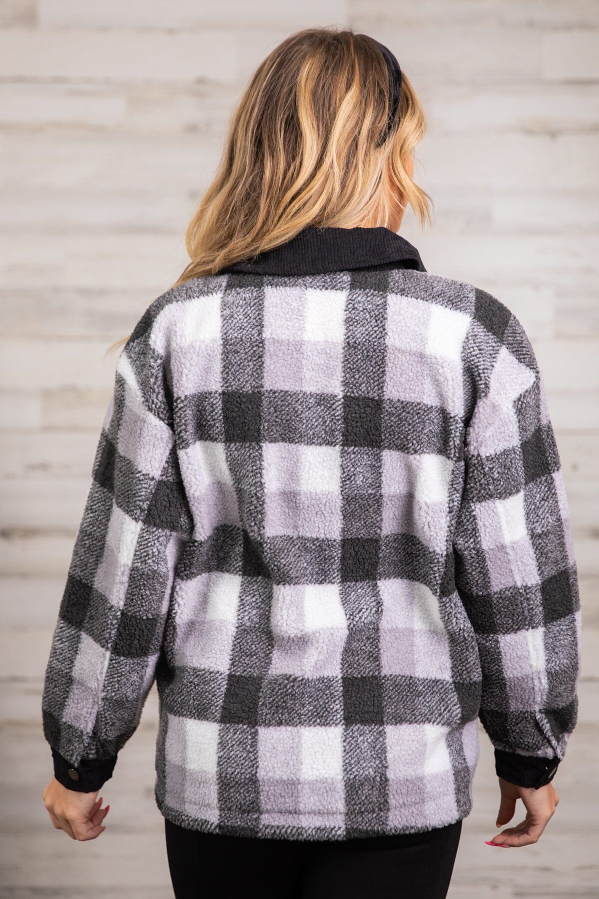 Black and Grey Plaid Sherpa Jacket