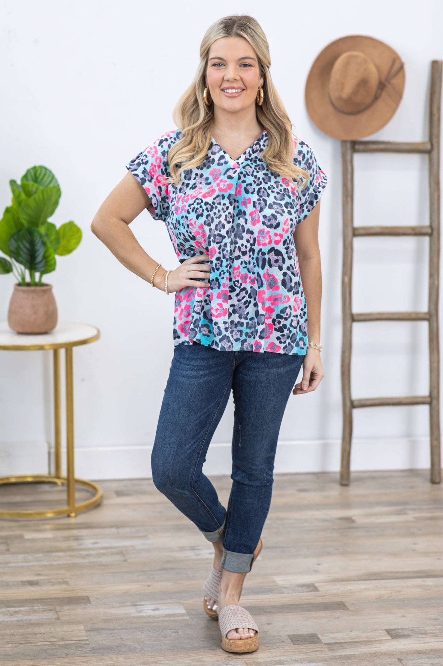 Aqua Leopard Wrinkle Free Lizzy Top