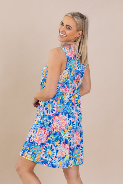 Blue Floral Abstract Tiered Wrinkle Free Dress