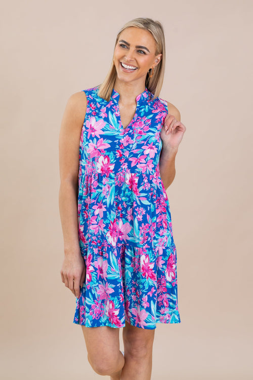 Blue Floral Tiered Wrinkle Free Dress