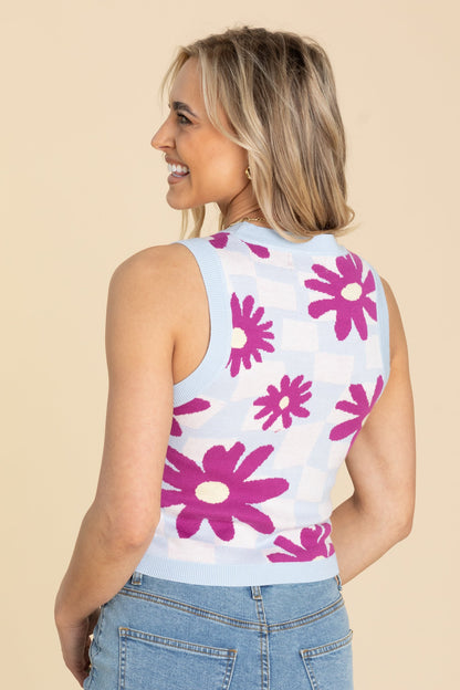 Baby Blue With Floral Print Knit Sweater Top