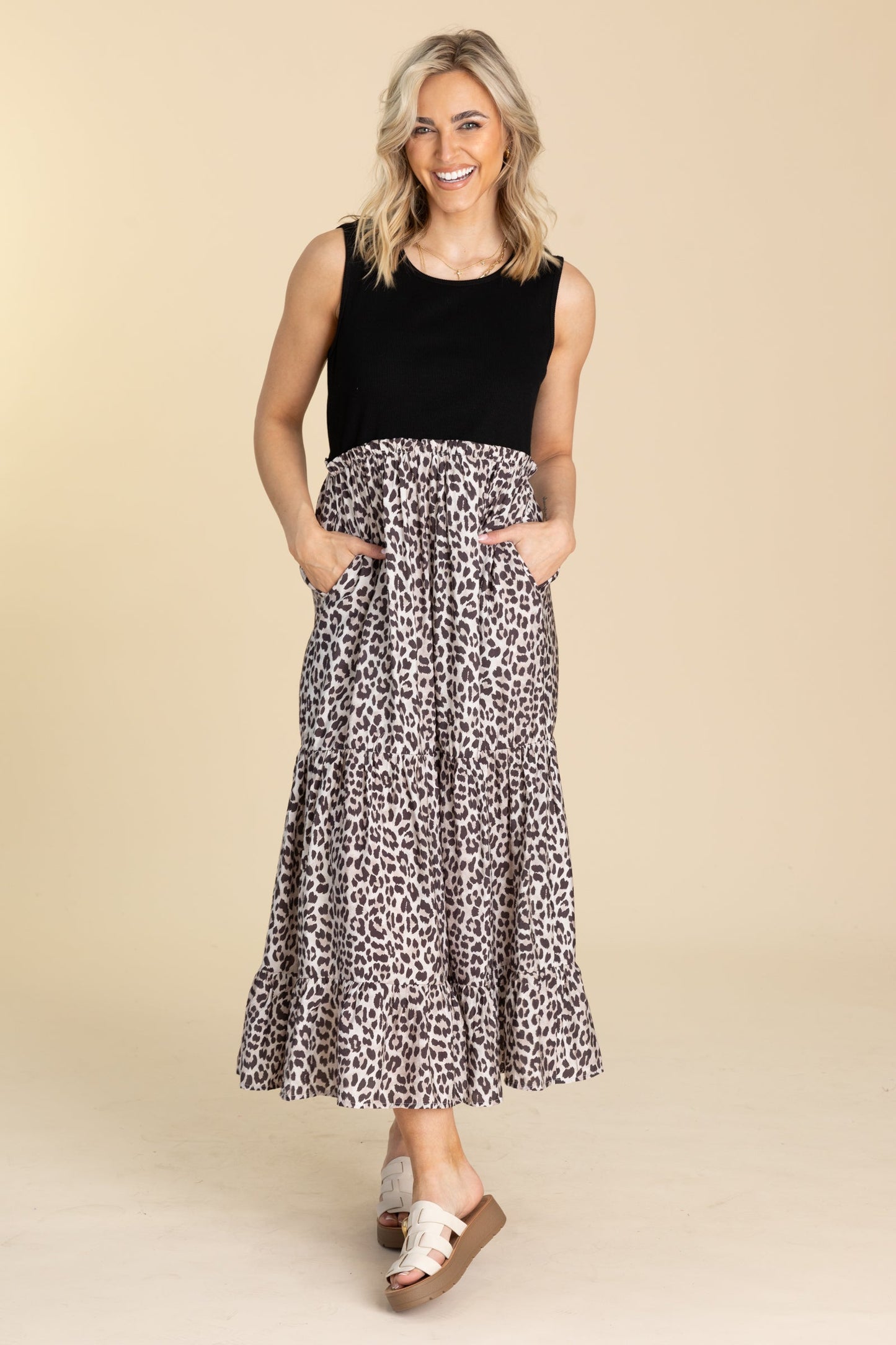 Black Animal Print Tiered Maxi Dress