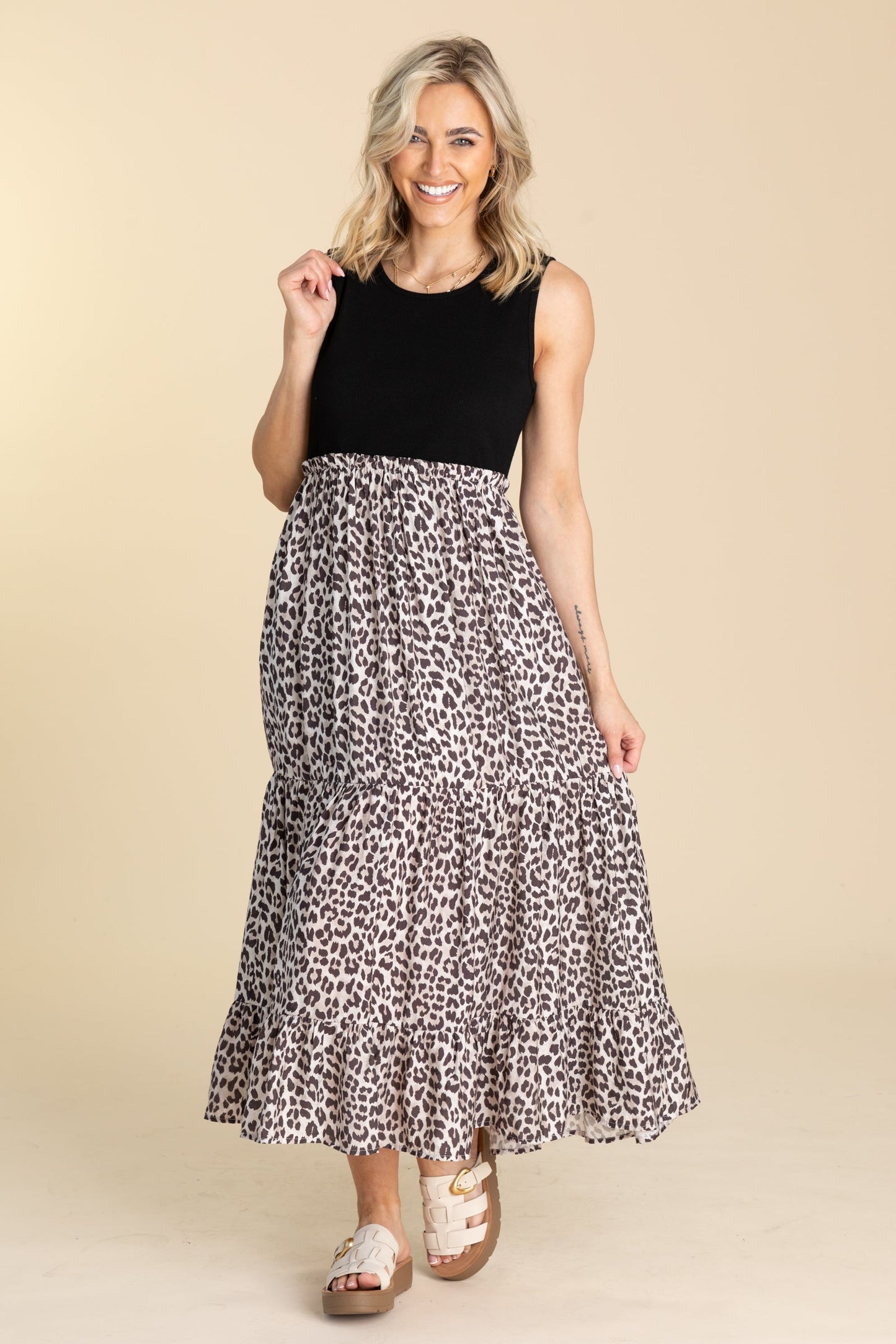 Black Animal Print Tiered Maxi Dress