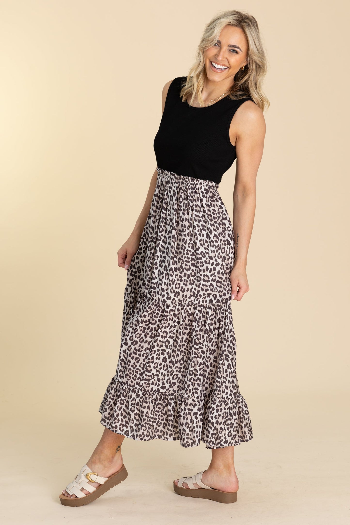 Black Animal Print Tiered Maxi Dress