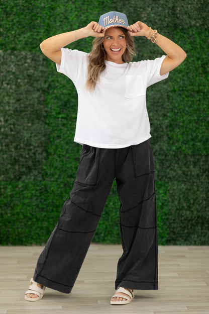 Black Mineral Washed Wide Leg French Terry Pants