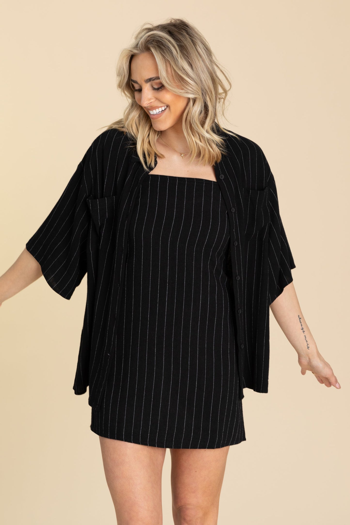 Black Stripe Set With Shirt And Dress