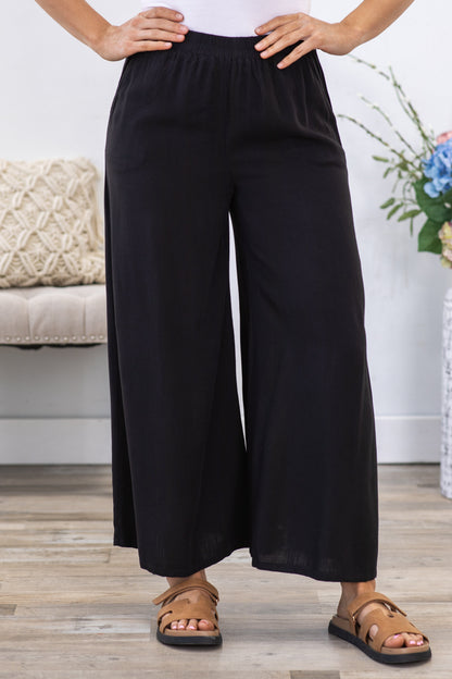 Black Elastic Waist Pleated Wide Leg Pants