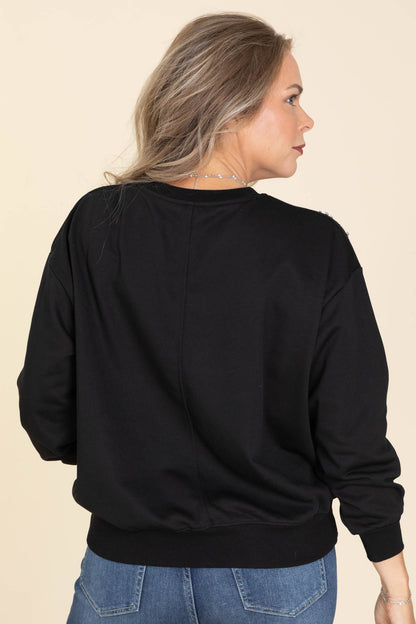 Black Stone Flowers Knit Crewneck Top