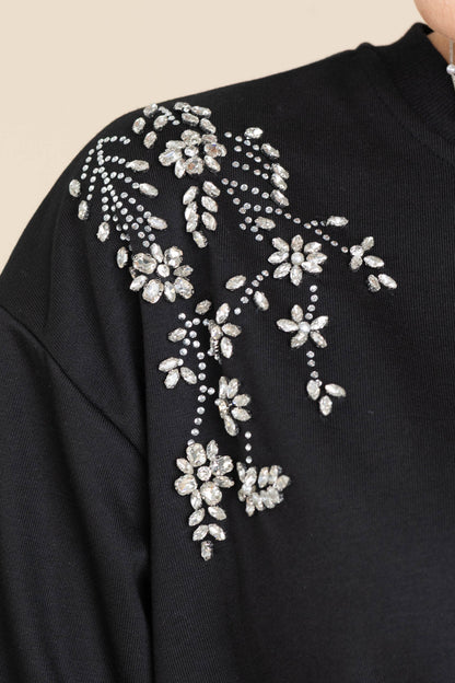 Black Stone Flowers Knit Crewneck Top