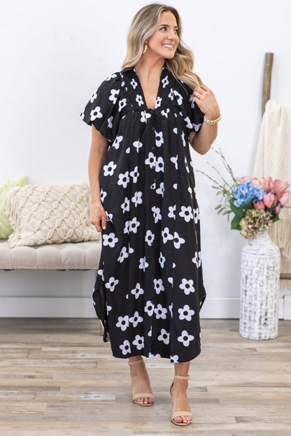 Black and White Floral Smock Detail Midi Dress