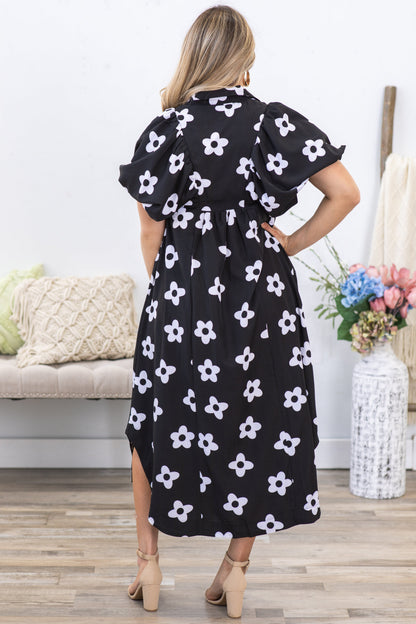 Black and White Floral Smock Detail Midi Dress
