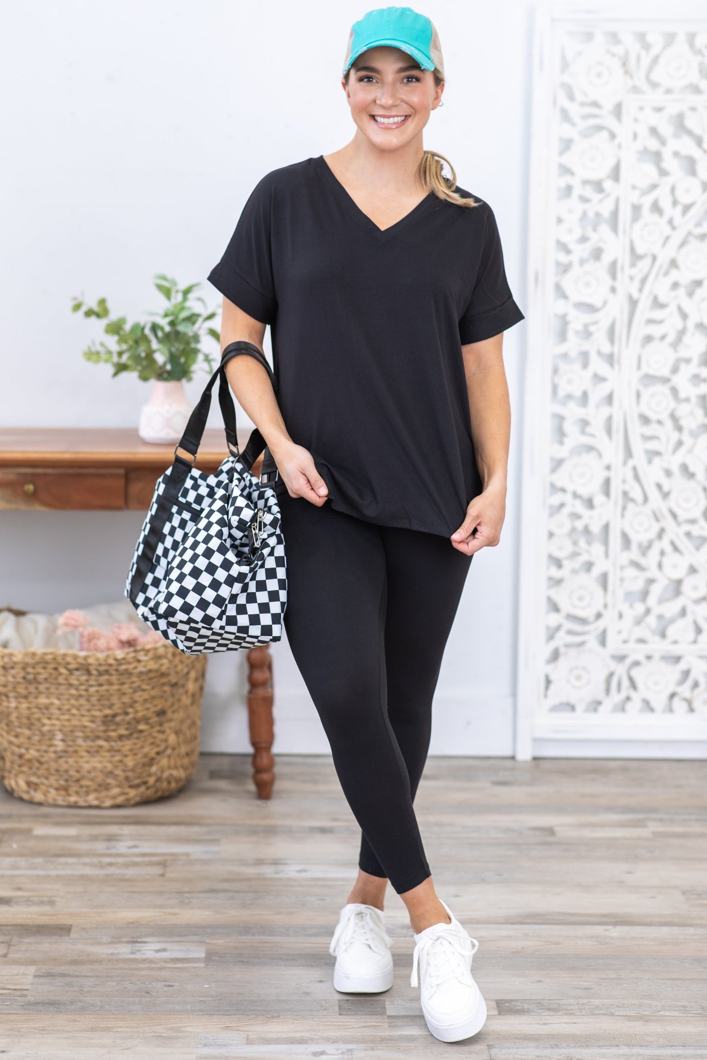 Black V-Neck Short Sleeve Top and Legging Set