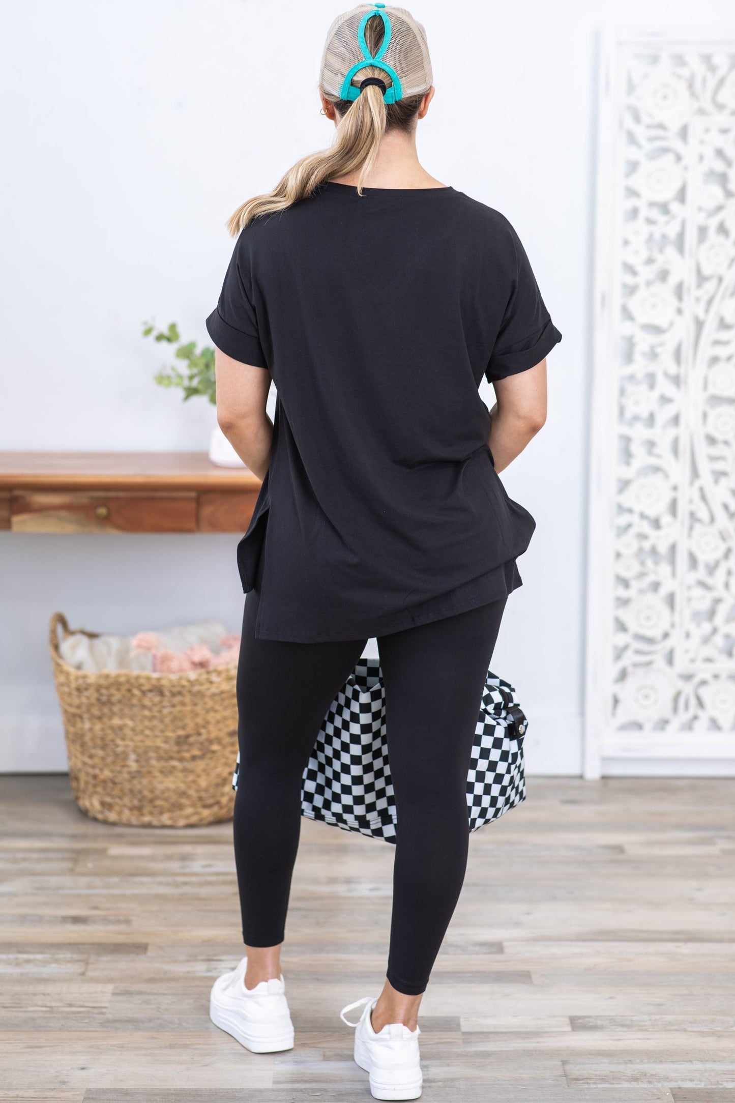 Black V-Neck Short Sleeve Top and Legging Set