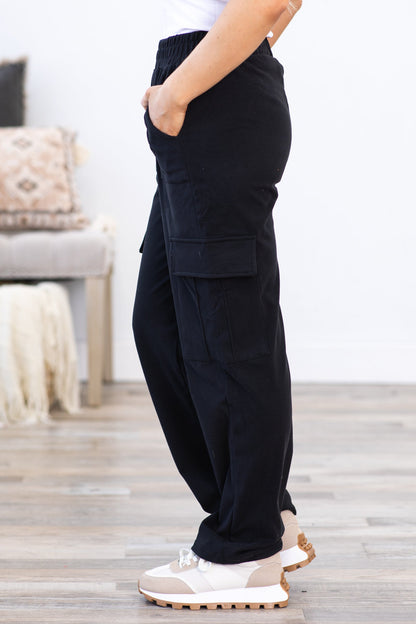 Black Soft Cargo Elastic Waistband Pants