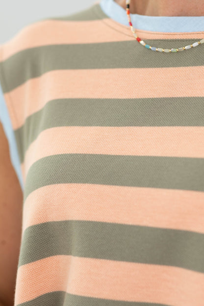 Apricot And Olive Stripe High Low Tank Top