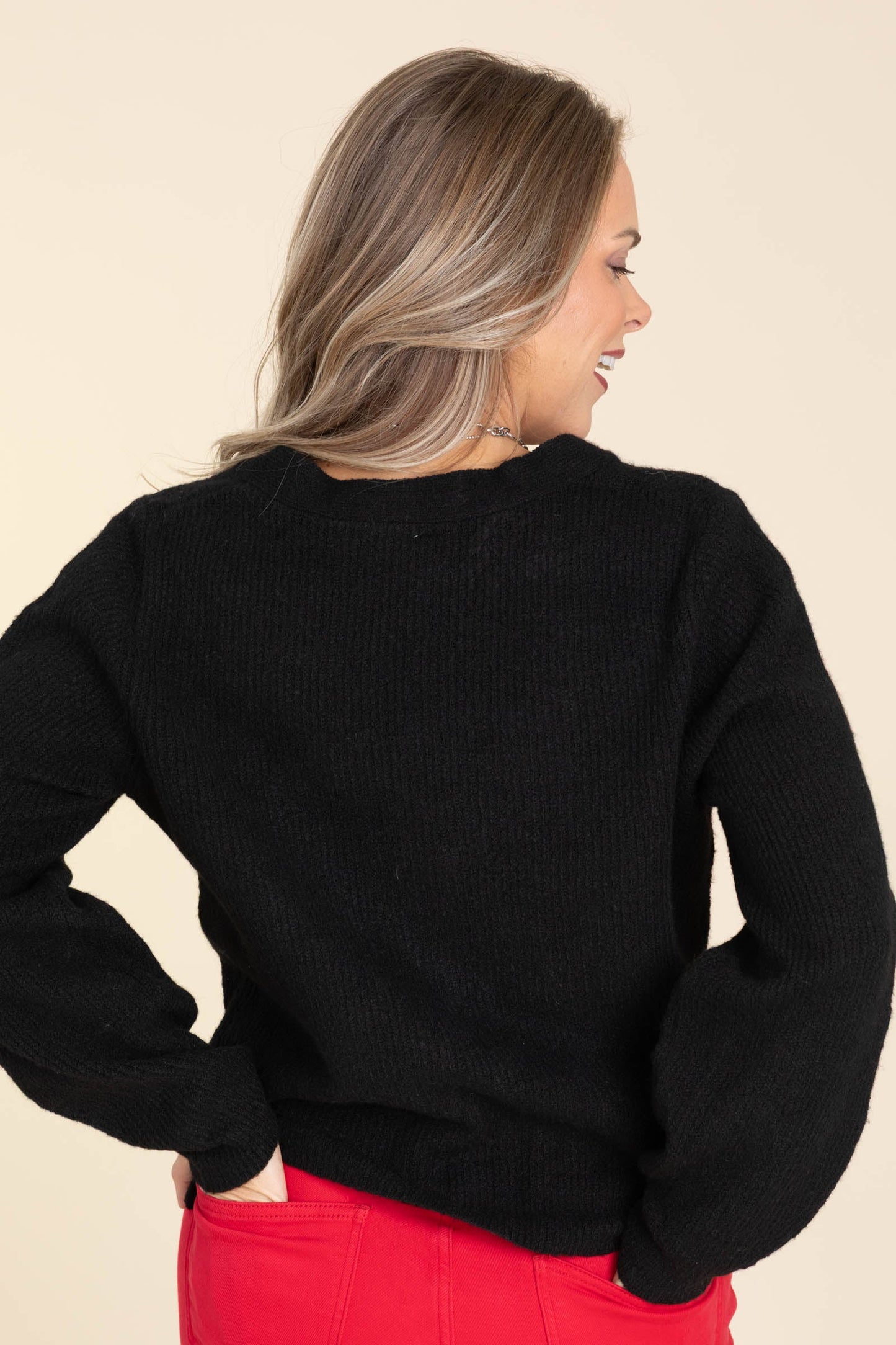 Black V-Neck Long Sleeve Knit Top Front Tie