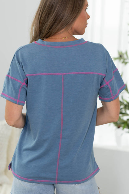 Blue and Pink Contrast Detail Scoop Top