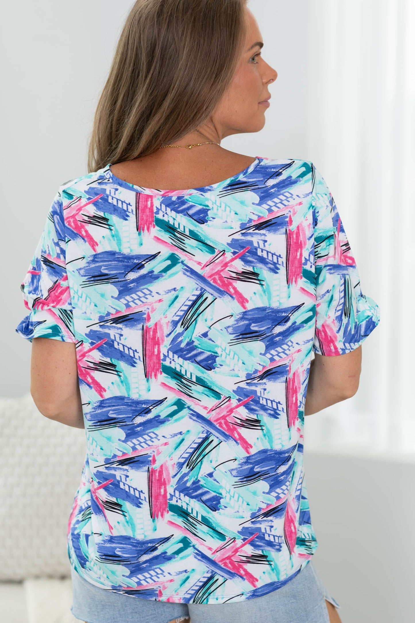 Blue and Pink V-Neck Patterned Short Sleeve Top