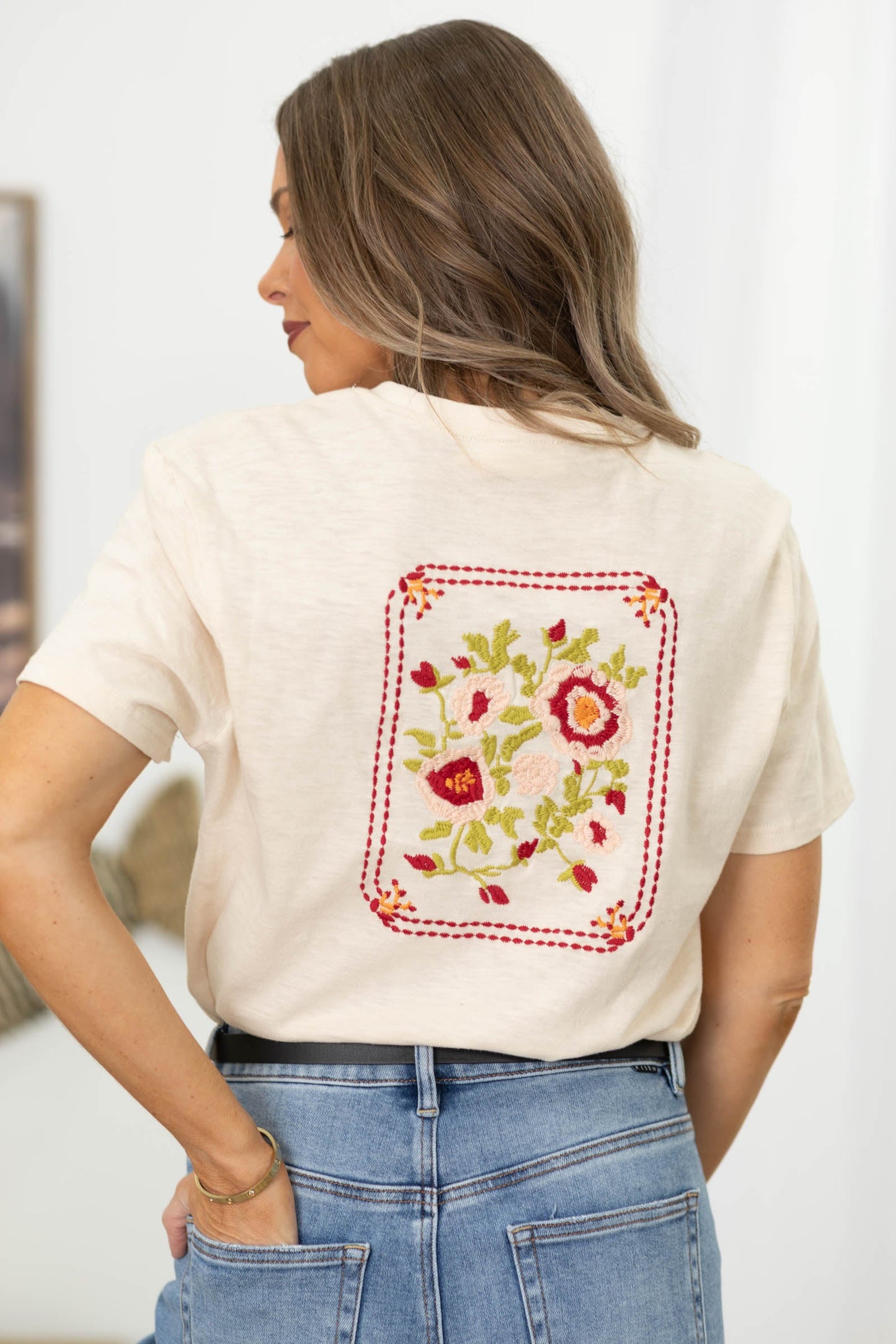 Beige Embroidery Floral Knit Tee