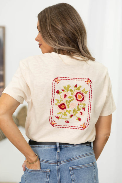 Beige Embroidery Floral Knit Tee