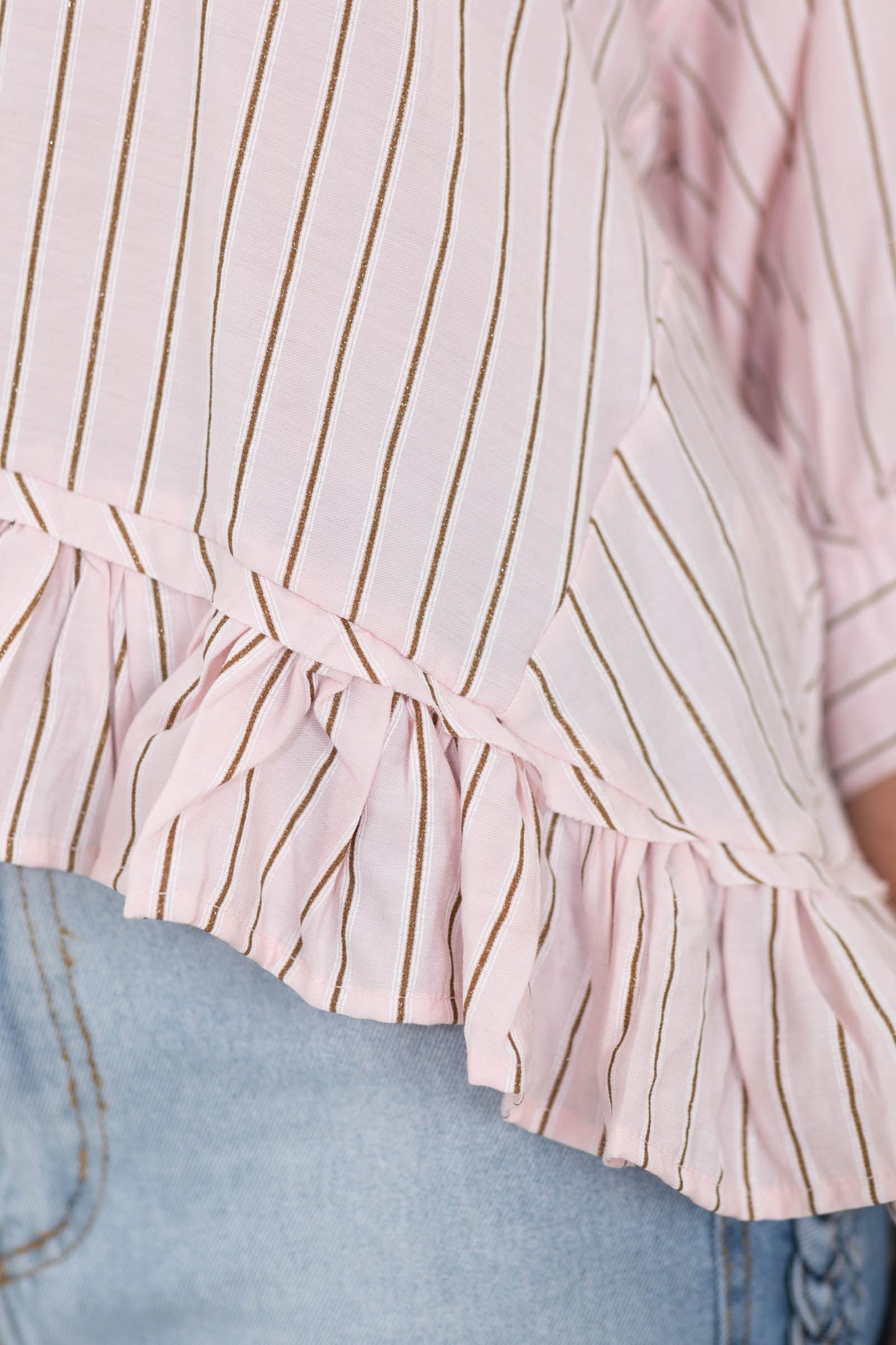 Baby Pink Elbow Sleeve Stripe Button Up Top