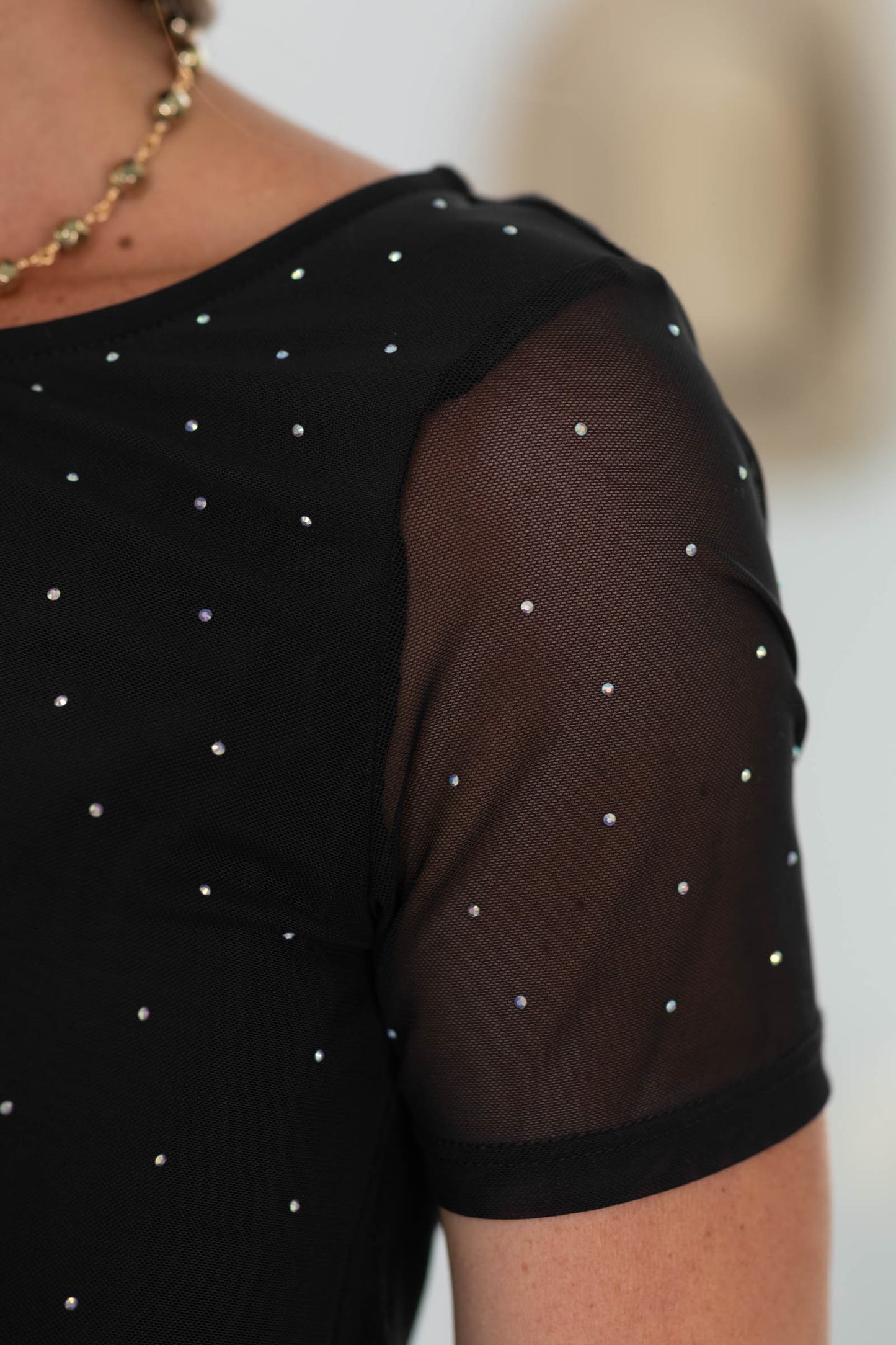 Black Stone Detail With Mesh Sleeve Knit Top