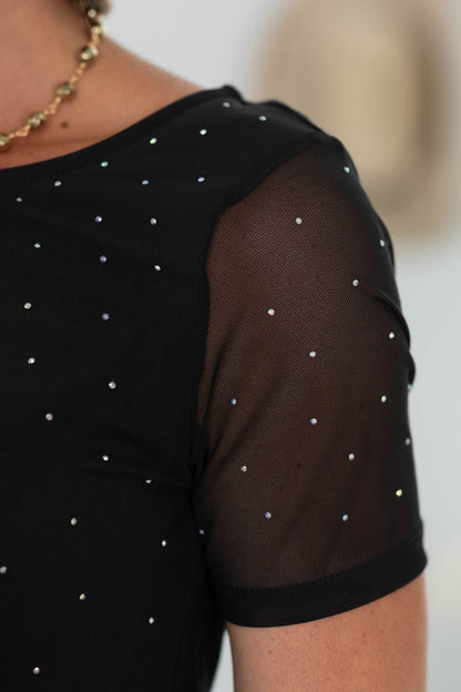 Black Stone Detail With Mesh Sleeve Knit Top